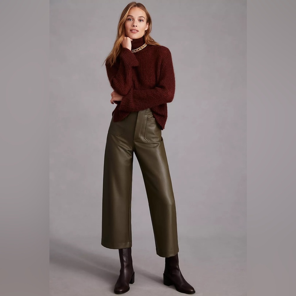 Anthropologie The Colette Cropped Wide Leg Trousers Vegan Leather Edition Moss